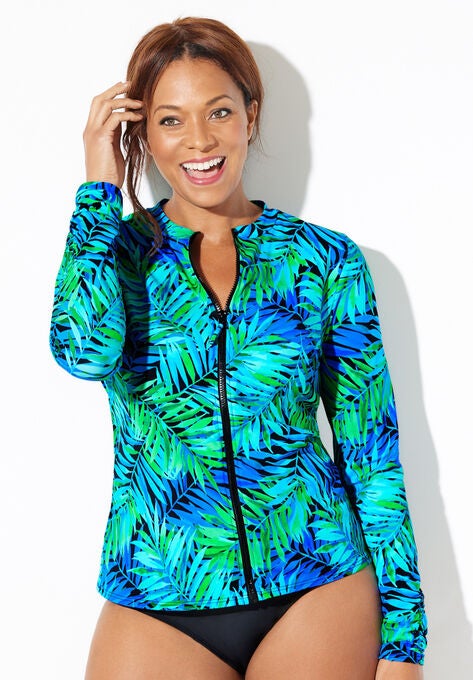 Chlorine Resistant Zip Up Swim Shirt, PALMTASTIC GREEN, hi-res image number null