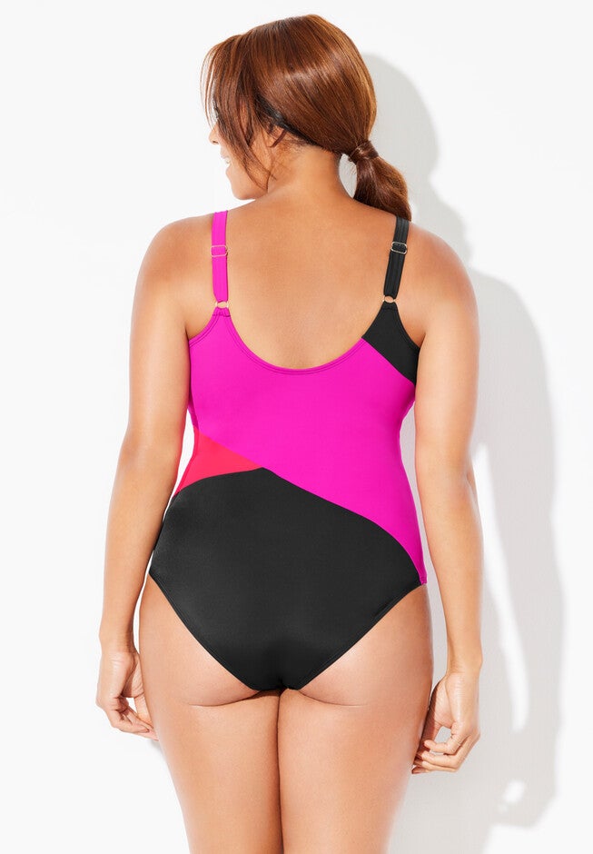 Zip Front Color Block Chlorine Resistant One-Piece Swimsuit, , on-hover image number null