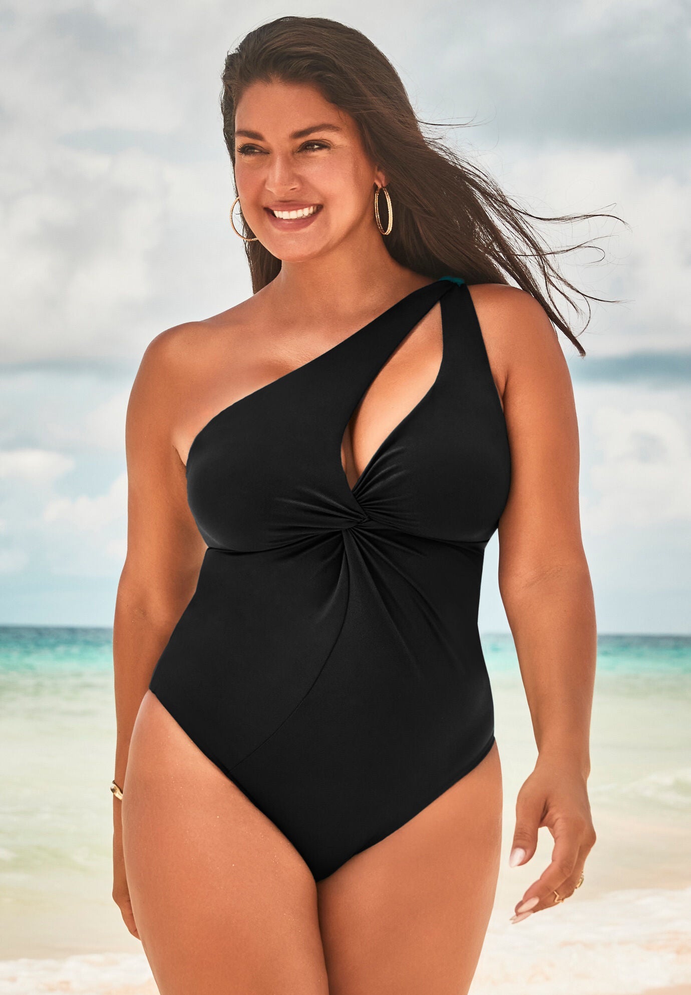 Twist One Shoulder Adjustable Strap One Piece Swimsuit, BLACK, hi-res image number 0