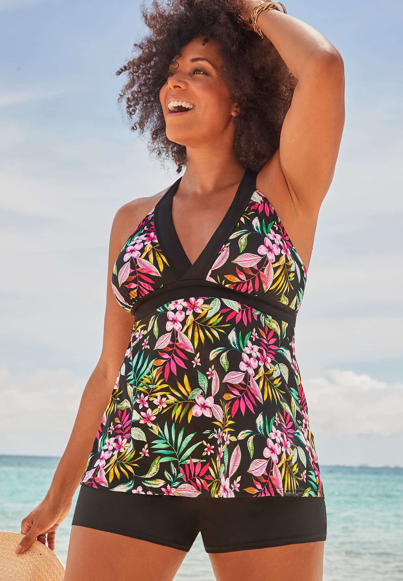 Longer Length Surplice Tankini Set with Banded Short, , alternate image number null