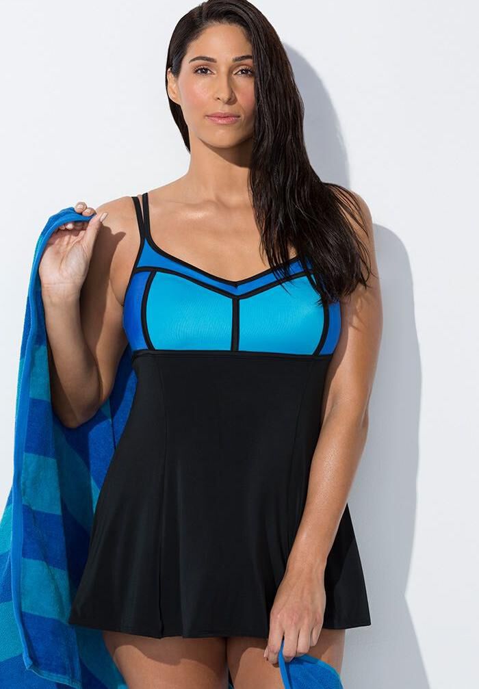 Longitude Colorblock Swimdress, BLUE, hi-res image number 0