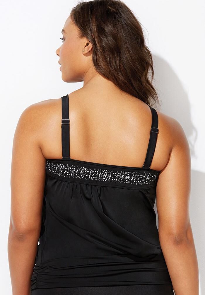 Laser Cut Blouson Tankini Top, BLACK WHITE, on-hover image number 1