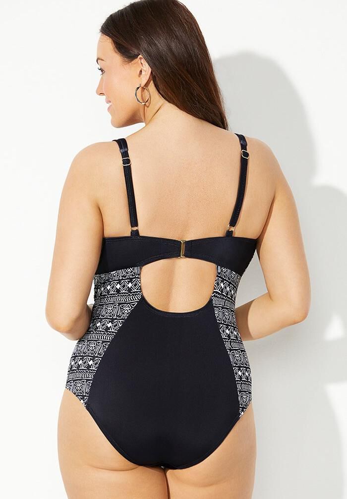 V-Neck Ring One Piece Swimsuit, ENGINEERED FLORAL, on-hover image number 1