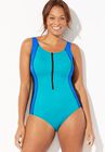 Chlorine Resistant Zip Front One Piece Swimsuit, , alternate image number null