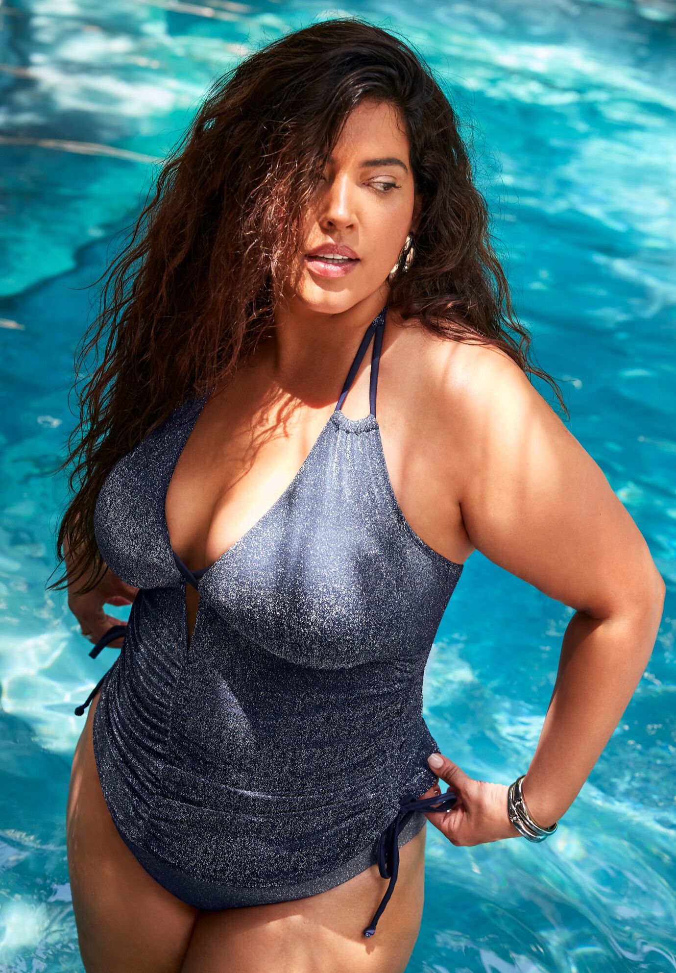 Adjustable Sparkle Halter Tankini Top, NAVY, hi-res image number 0