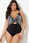 Crossover Cut Out One Piece Swimsuit, BLACK WHITE PALM, hi-res image number null