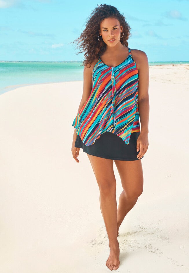 Long Drape-Front Tankini Top, YELLOW PAINTERLY STRIPES, hi-res image number 0