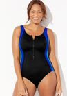 Chlorine Resistant Zip Front One Piece Swimsuit, BLACK ROYAL, hi-res image number null