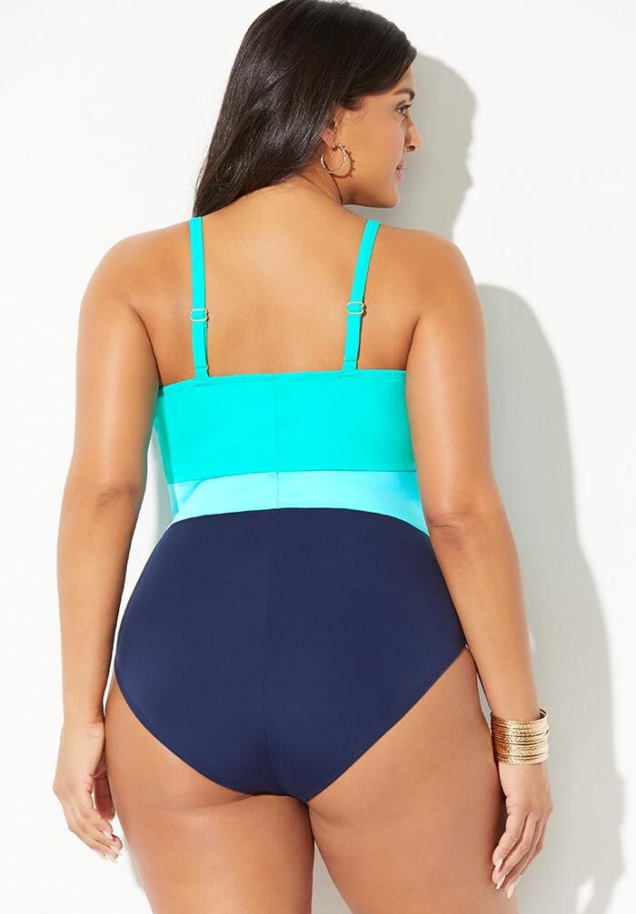 Colorblock V-Neck One Piece Swimsuit, VERY FUCHSIA, on-hover image number 1