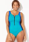Chlorine Resistant Zip Front One Piece Swimsuit, , alternate image number null