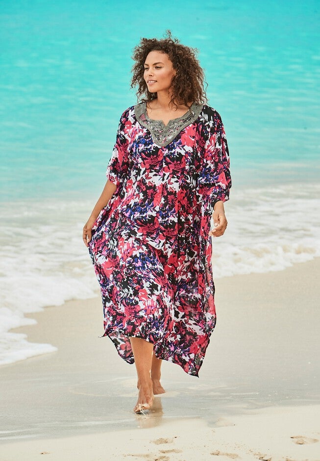 Long Embellished Cover Up, PINK FLORAL GARDEN, hi-res image number null