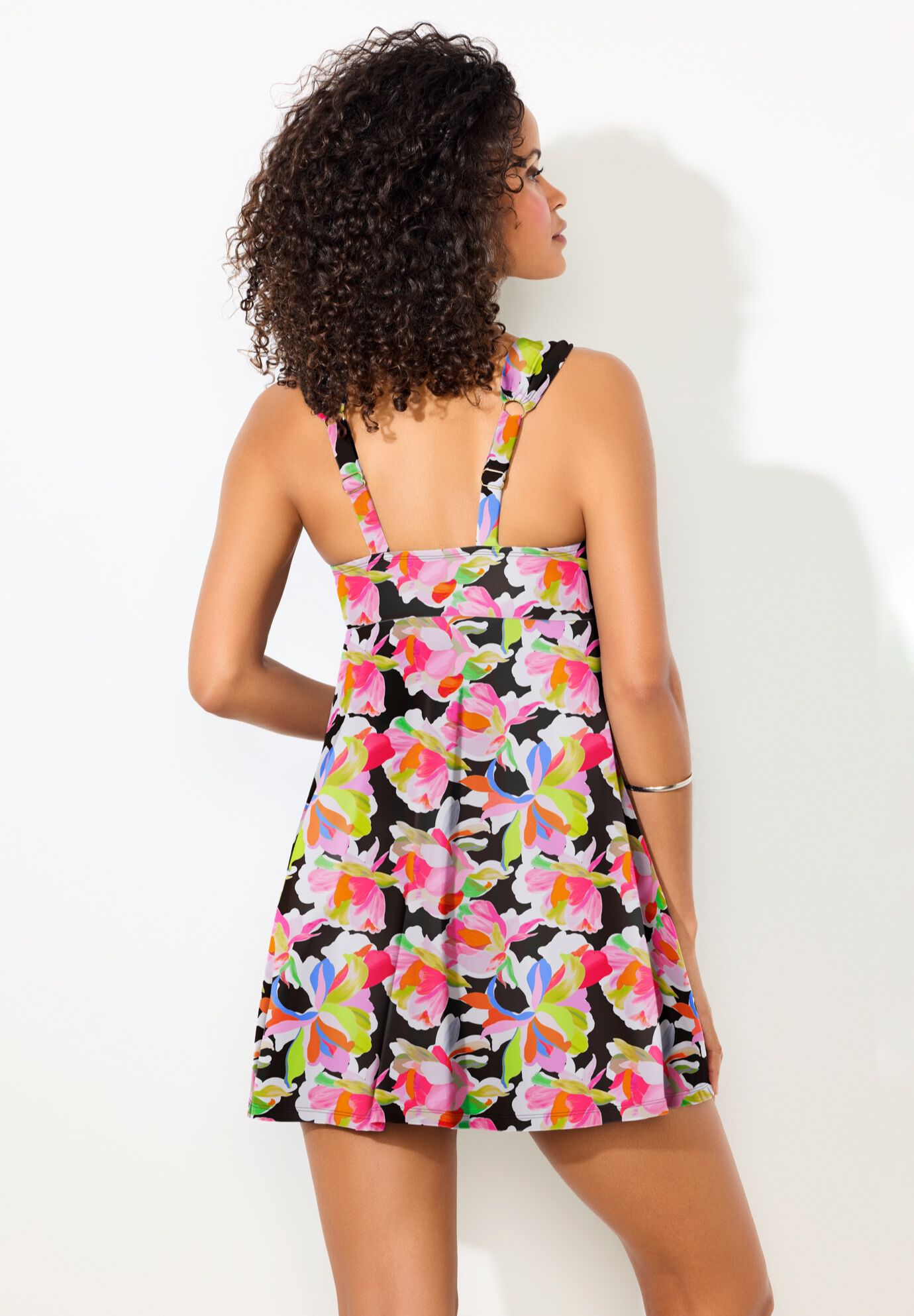 U-Neckline Swimdress, BLACK WATERCOLOR FLORAL, on-hover image number 1