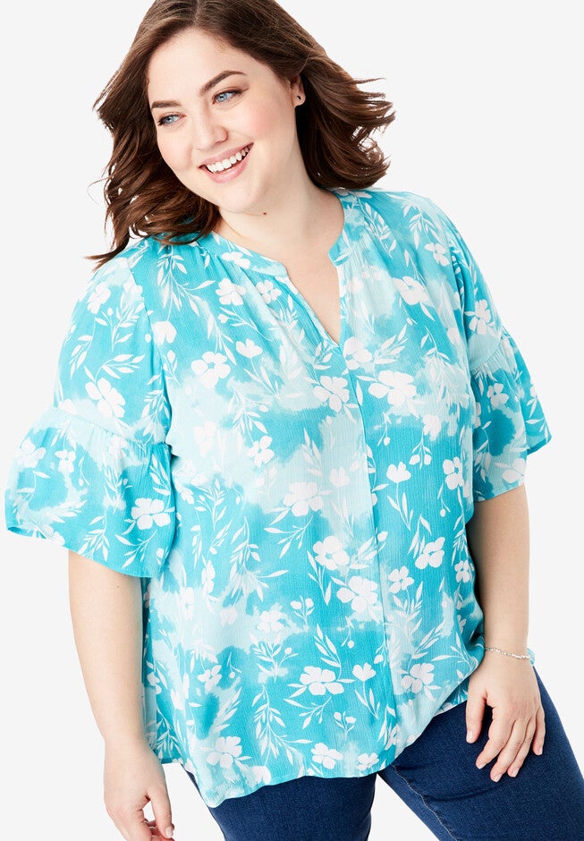 Gauze Bell Sleeve Blouse, TURQ DELICATE FLORAL, hi-res image number 0