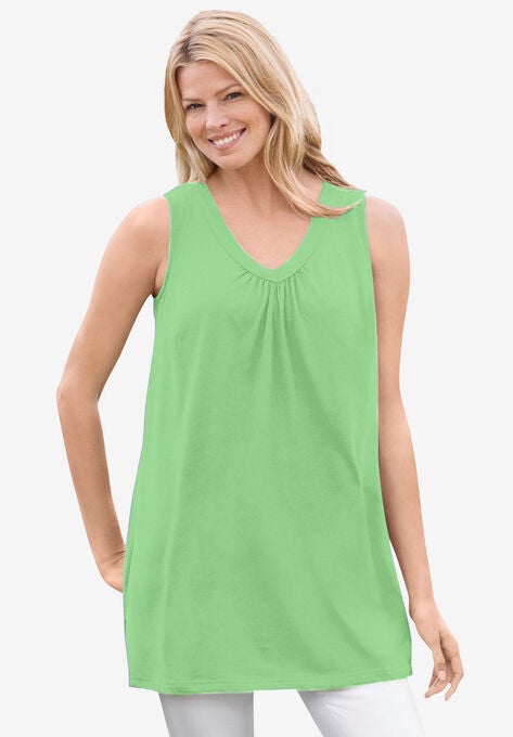 Perfect Sleeveless Shirred V-Neck Tunic, PISTACHIO, hi-res image number null