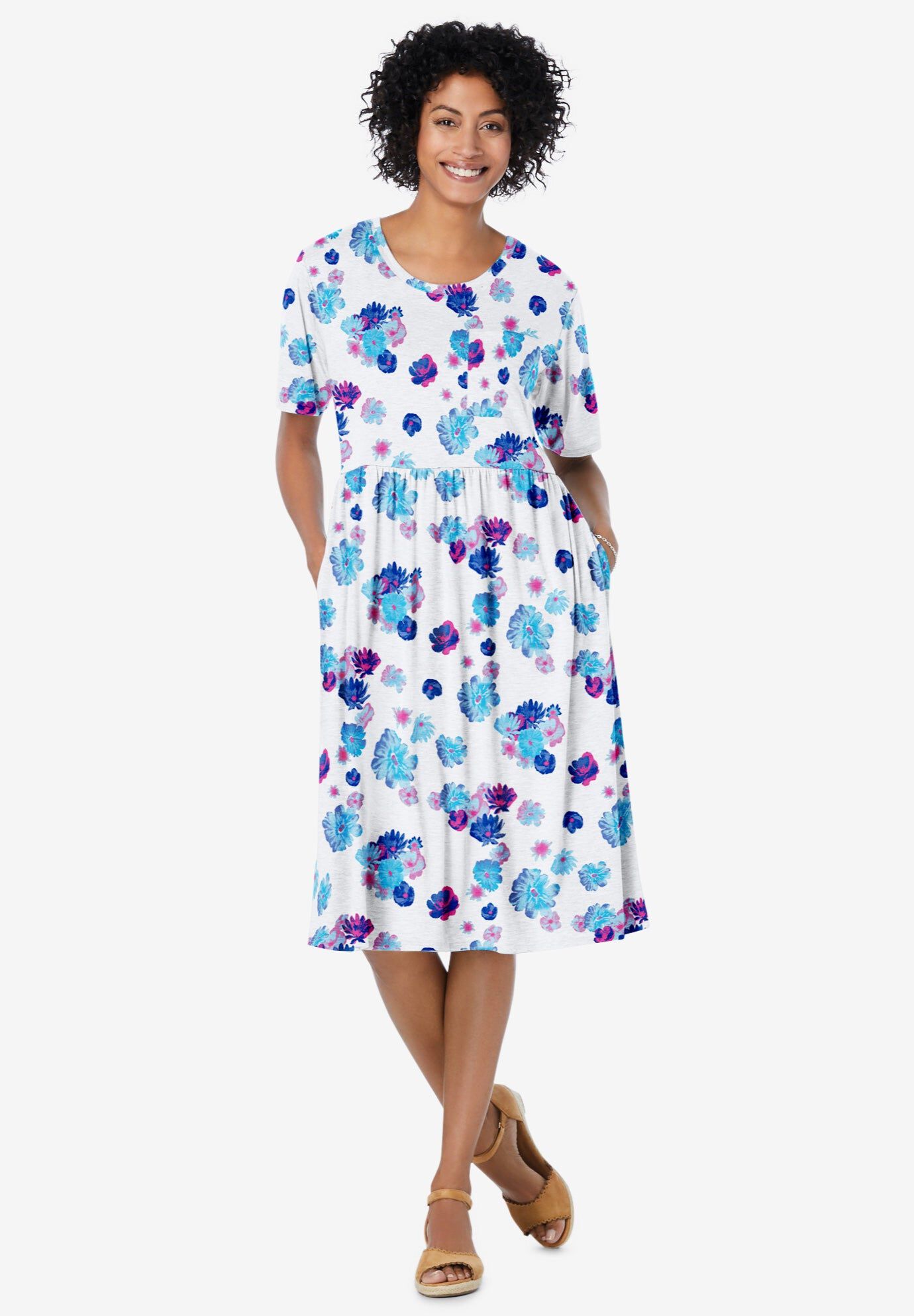 Empire Waist Tee Dress, WHITE SEAMIST FLORAL, hi-res image number 0