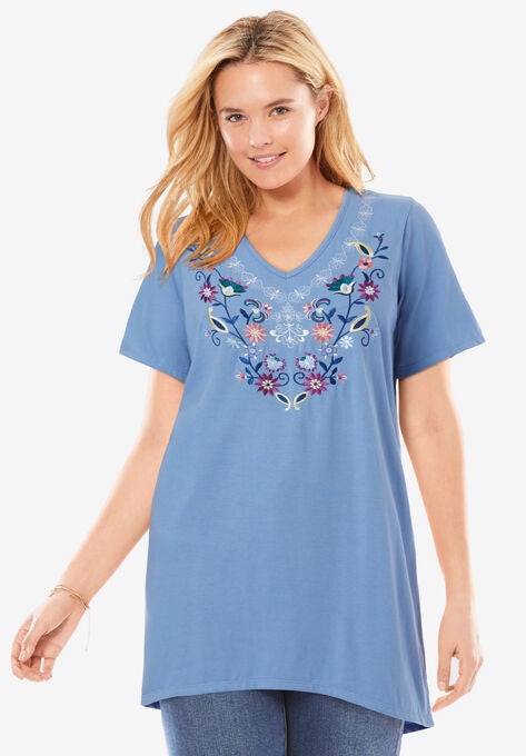Embroidered V-Neck Tunic, FRENCH BLUE FLORAL EMBROIDERY, hi-res image number null
