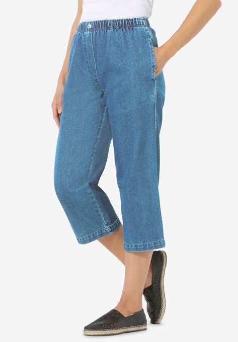 Elastic-Waist Cotton Capri, LIGHT STONEWASH, hi-res image number null
