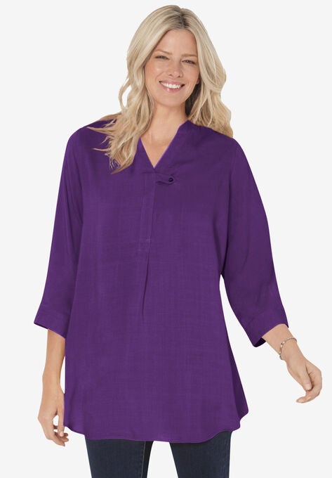 Three-Quarter Sleeve Tab-Front Tunic, RADIANT PURPLE, hi-res image number null