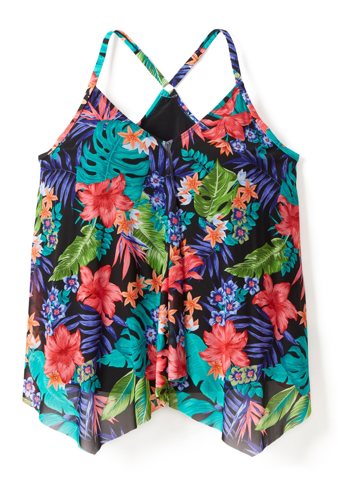 Longer-Length Draped Mesh Racerback Tankini Top, BLACK TROPICAL FLORAL, alternate image number 3