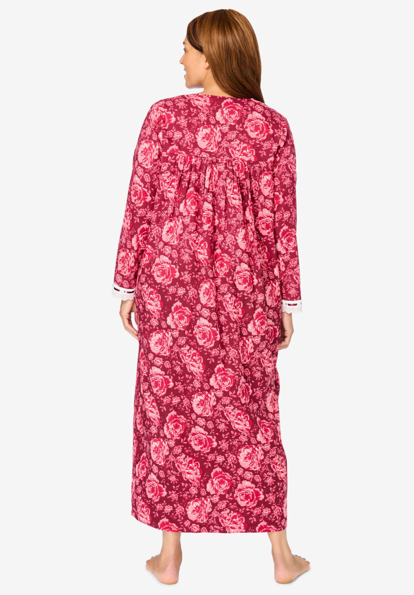 Long 2-Piece Cabbage-Rose Peignoir Set, WHITE, on-hover image number 1