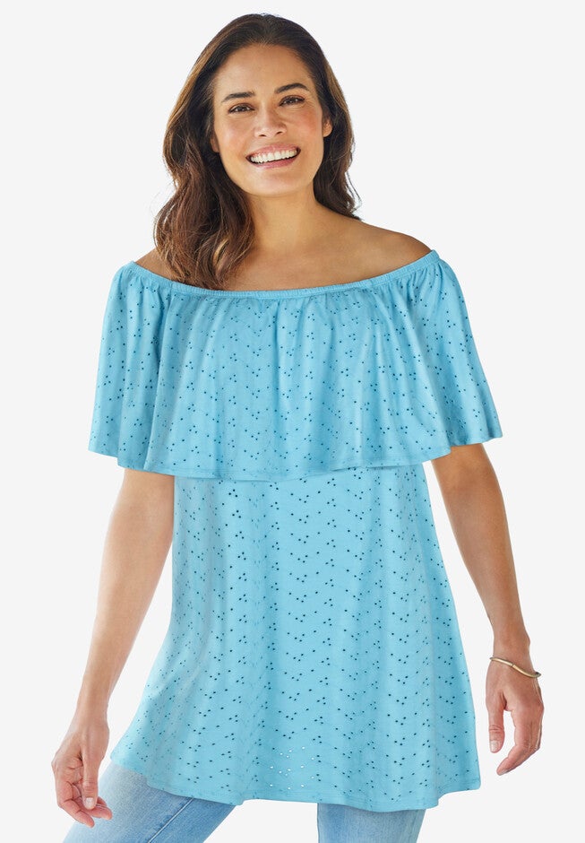 Off Shoulder Eyelet Tunic, PARADISE BLUE, hi-res image number null