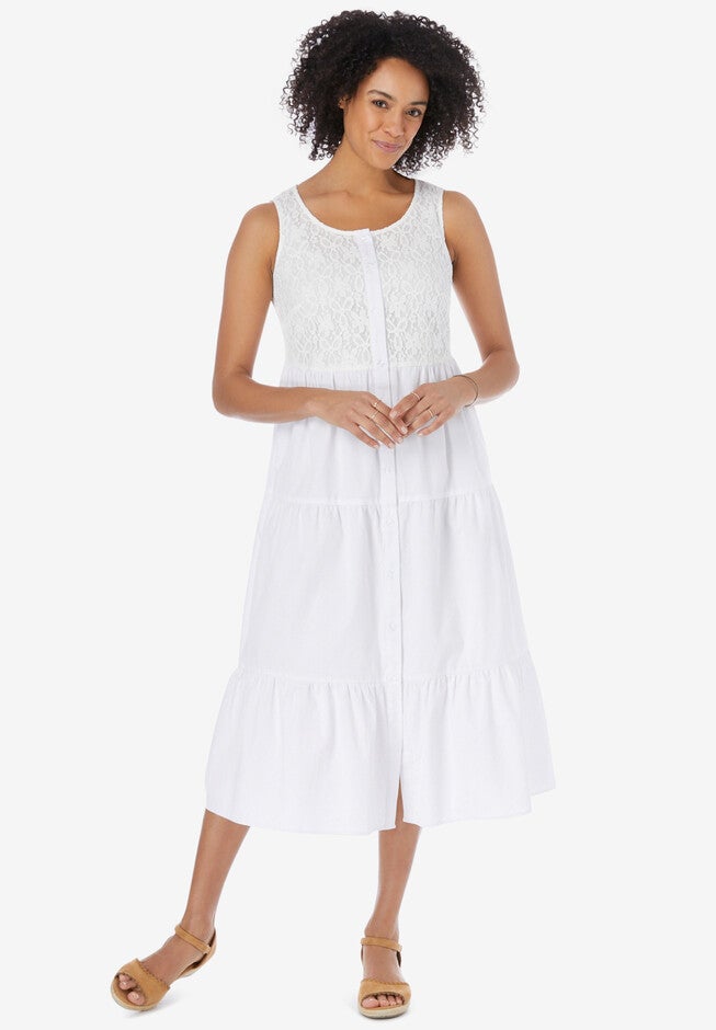 Denim Lace Bib Dress, WHITE, hi-res image number 0