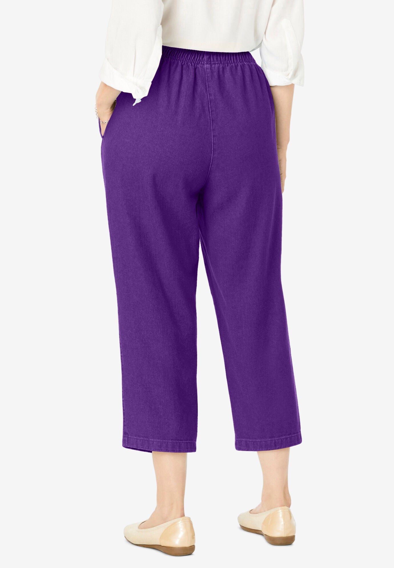 7-Day Elastic-Waist Pull-On Cotton Denim Capri Jeans, RADIANT PURPLE, on-hover image number 1
