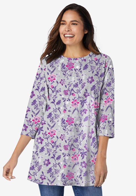 Perfect Three-Quarter Sleeve Crewneck Tunic, HEATHER GREY JACQUARD FLORAL, hi-res image number null