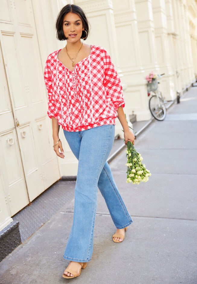 Pintuck Shirt, VIVID RED PLAID, hi-res image number 0