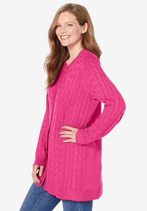 Cotton Cable Knit Cardigan Sweater, , alternate image number null