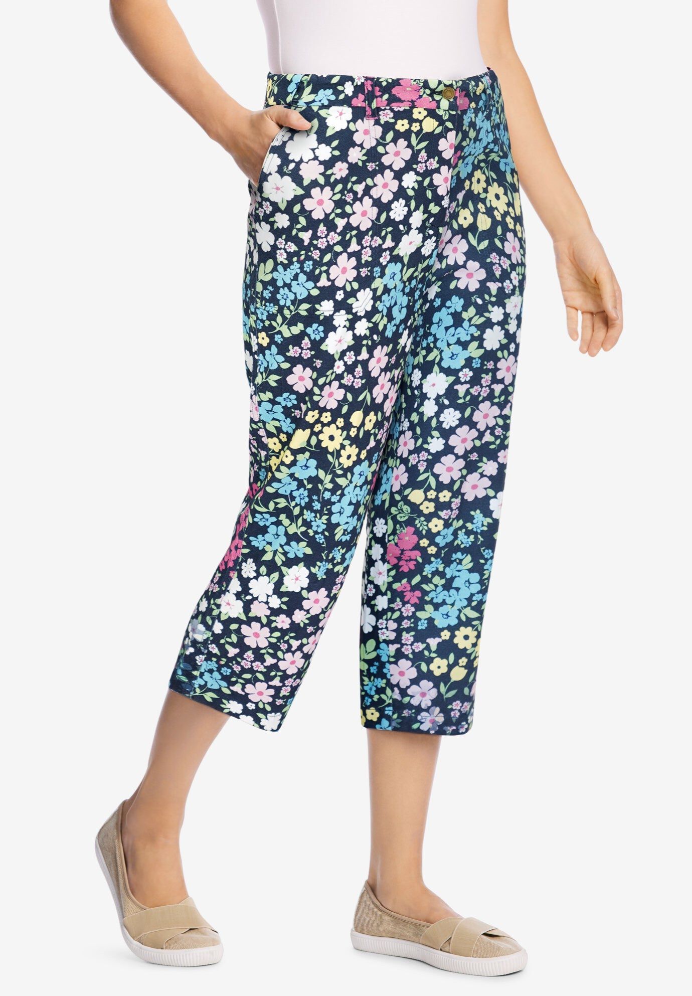 Adjustable Waist Chino Capri, NAVY FLORAL PATCHWORK, hi-res image number 0