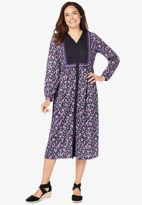 Bib Button-Front Dress, BLACK ROSE GARDEN, hi-res image number null