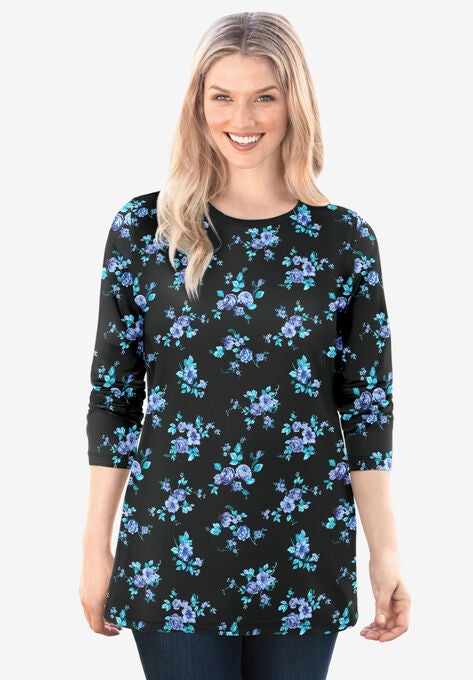 Perfect Printed Long-Sleeve Crewneck Tee, BLUE ROSE DITSY BOUQUET, hi-res image number null