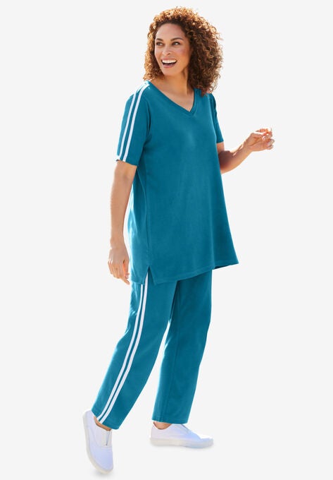 Two-Piece Short Sleeve V-Neck Knit Set, DEEP TEAL, hi-res image number null