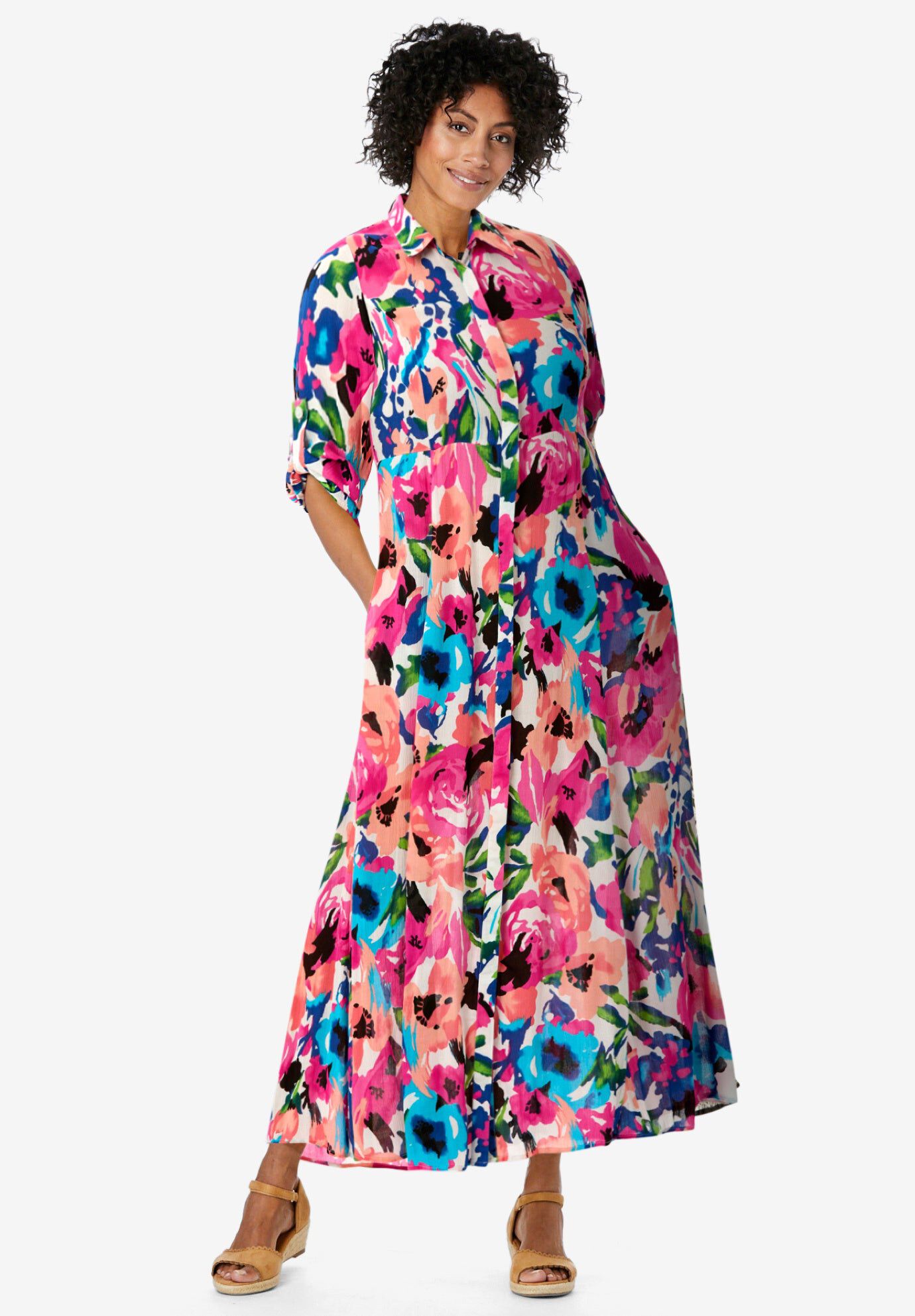 Roll-Tab Sleeve Crinkle Shirtdress, SWEET CORAL BLOOM, hi-res image number 0