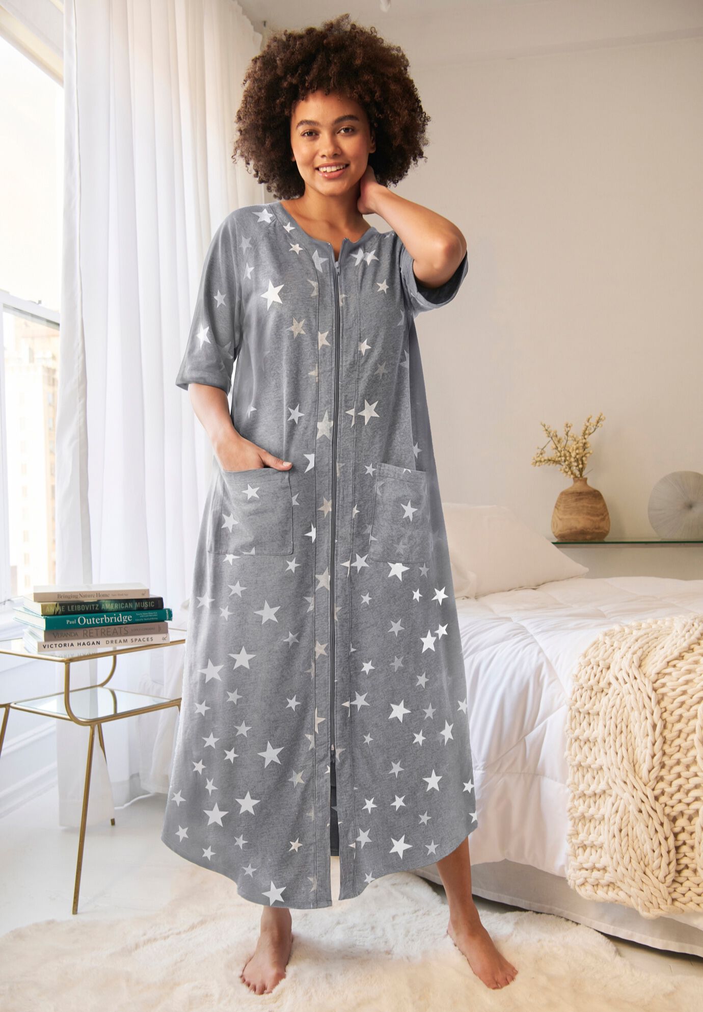 Long French Terry Zip-Front Robe, , alternate image number 4