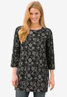 Perfect Printed Three-Quarter-Sleeve Scoop-Neck Tunic, BLACK BANDANA PAISLEY, hi-res image number null