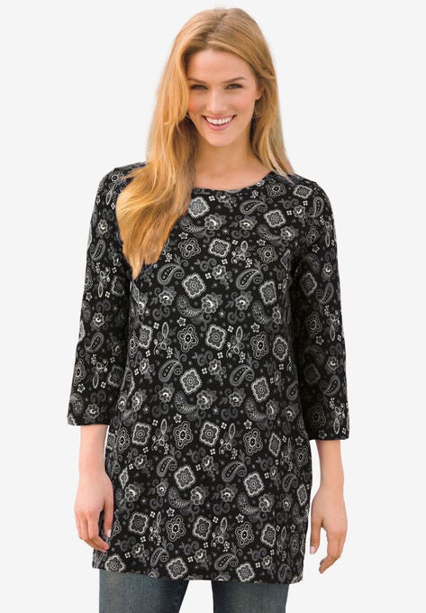 Perfect Printed Three-Quarter-Sleeve Scoop-Neck Tunic, BLACK BANDANA PAISLEY, hi-res image number null