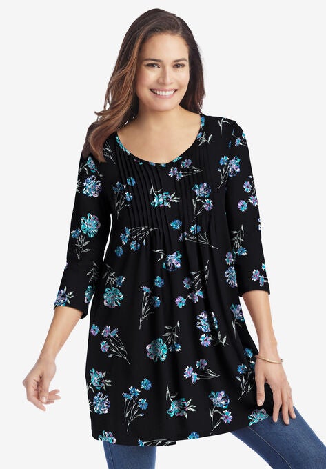 V-Neck Pintucked Tunic, BLACK MARIGOLD FLORAL, hi-res image number null