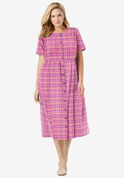 Short-Sleeve Seersucker Dress, SOFT CORAL PRETTY PLAID, hi-res image number null