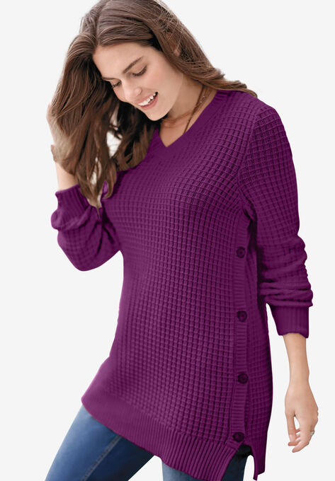 Side Button V-Neck Waffle Knit Sweater, PLUM PURPLE, hi-res image number null