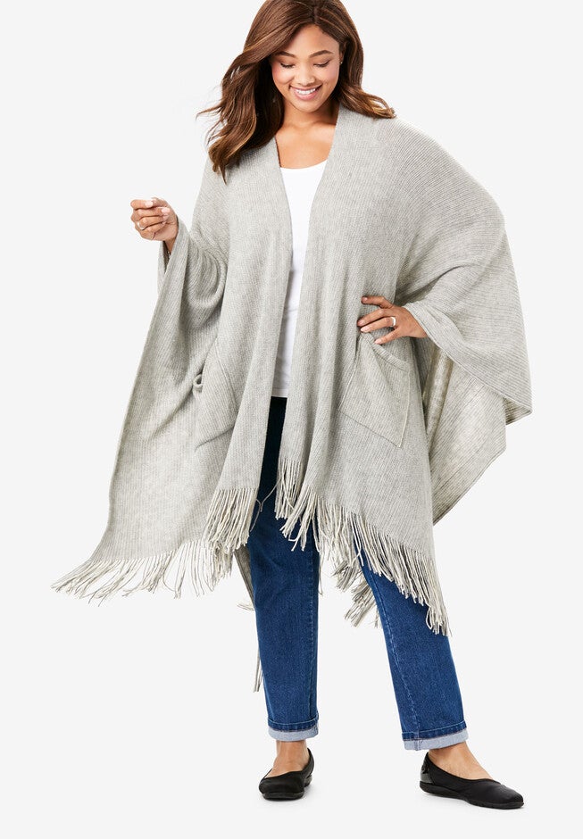 Long Fringed Cape, HEATHER GREY IVORY, hi-res image number null