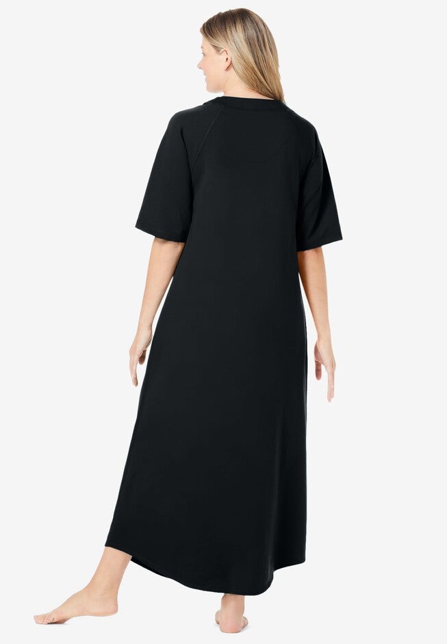 Long French Terry Zip-Front Robe, BLACK, on-hover image number 1