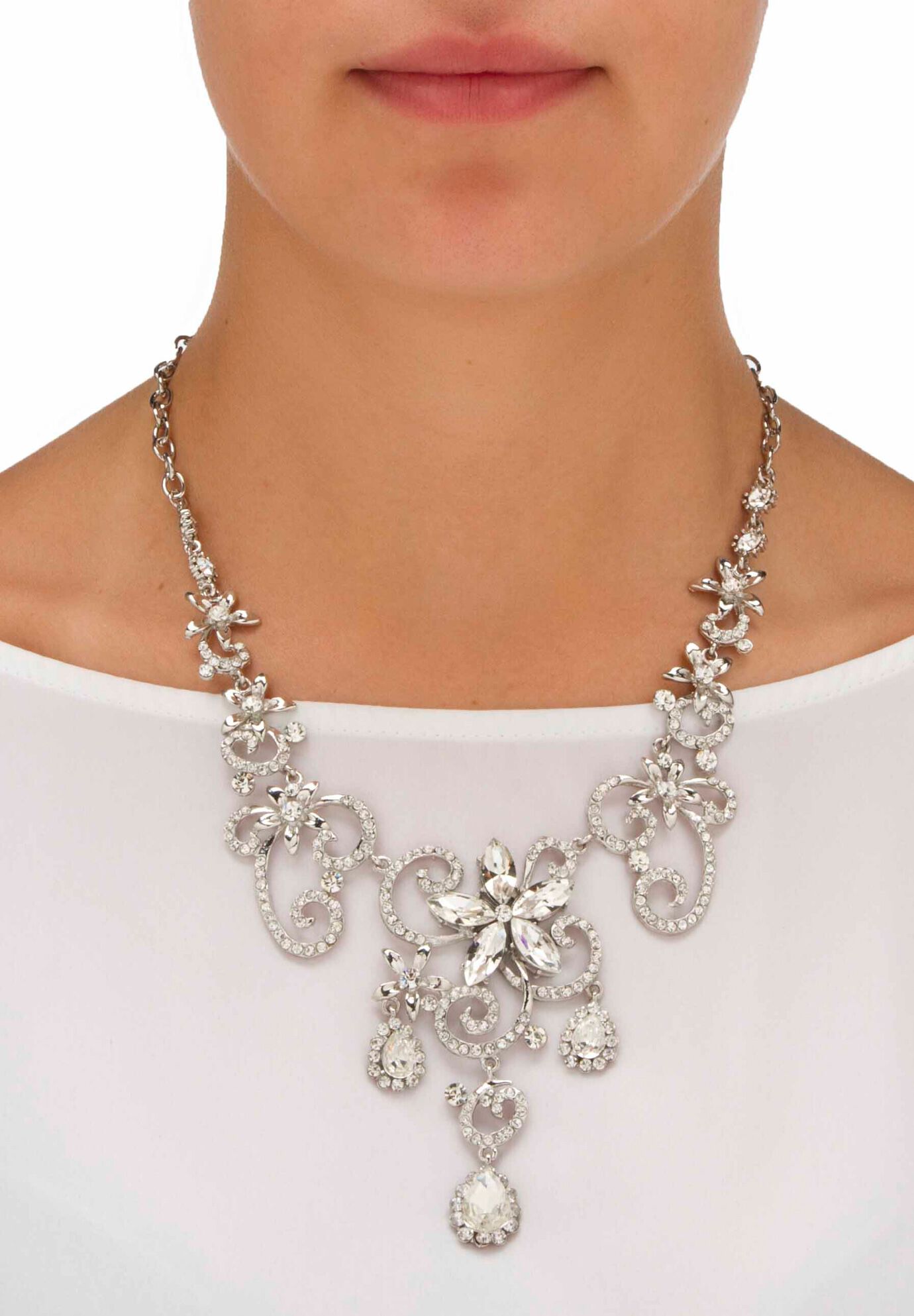 Silver Tone Swirl and Flower Bib Necklace and Bracelet Set, Crystal, , alternate image number 2