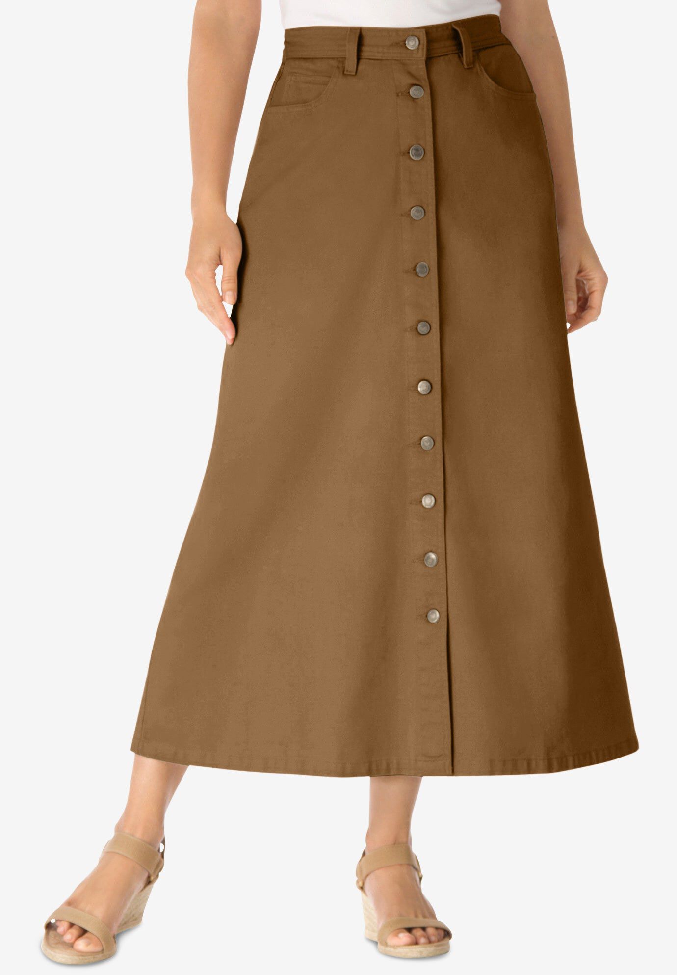 Perfect Side-Elastic All-Cotton Button Front Denim Jeans Skirt, TOFFEE, hi-res image number 0