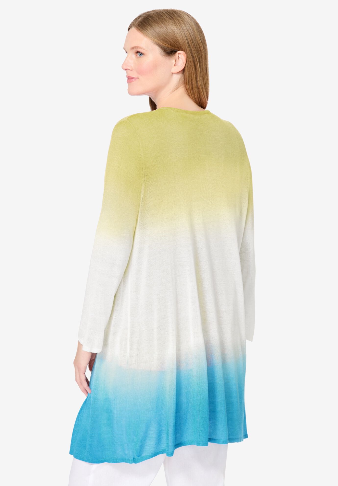 Lightweight Ombr&egrave; Open Front Cardigan Sweater, LIME PARADISE BLUE OMBRE, on-hover image number 1