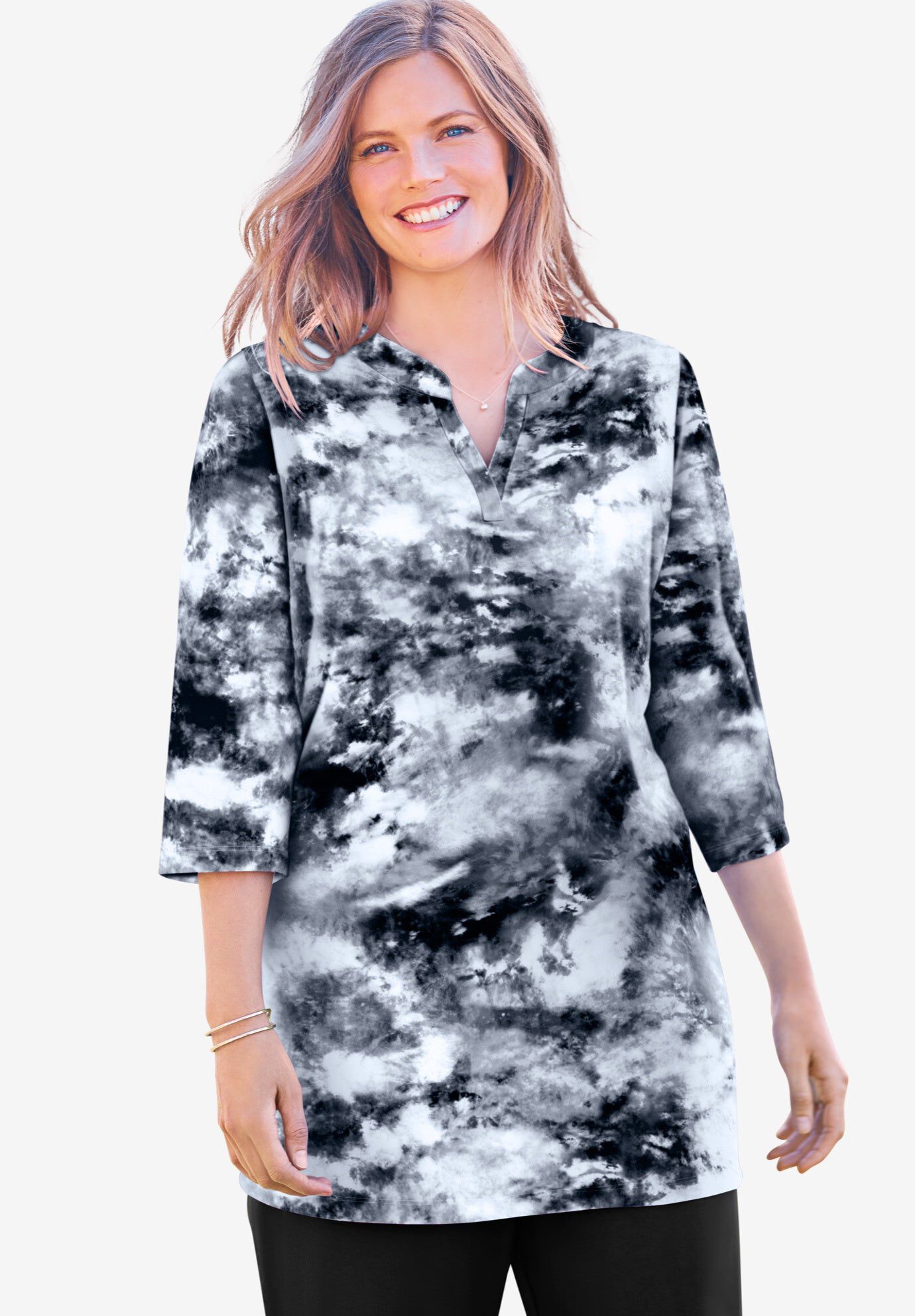 Three-Quarter Sleeve Notch-Neck Tunic, BLACK PRETTY TIE DYE, hi-res image number 0