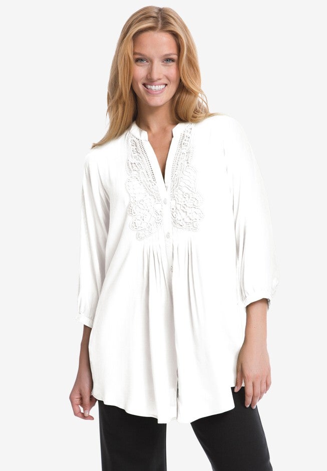 Crochet Detail Tunic Blouse, WHITE, hi-res image number 0