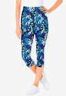Stretch Cotton Printed Capri Legging, BLACK WATERCOLOR FLOWERS, hi-res image number null