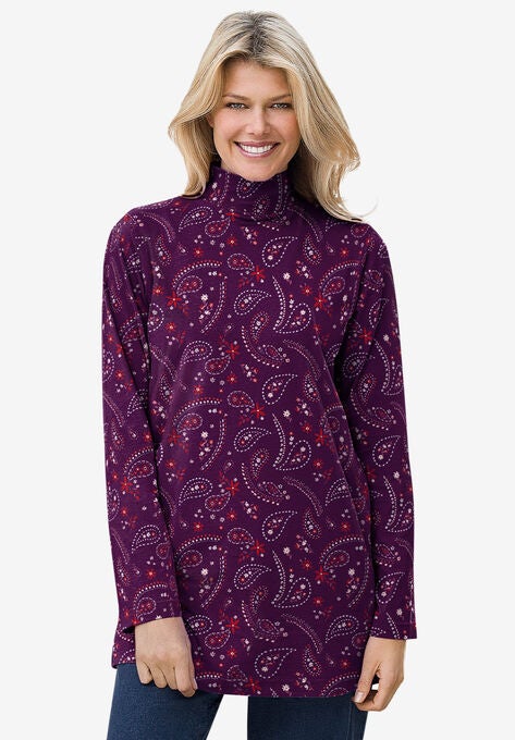 Mockneck Long-Sleeve Tunic, PLUM PURPLE FLORAL PAISLEY, hi-res image number null